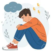 Man feeling depressed sitting alone, sad and lonely mood with rain and thunderstorms. Mental health support and understanding, dealing with anxiety through expression. vector