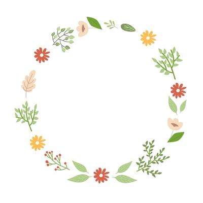 A floral wreath with colorful flowers and green leaves arranged in a circle. Spring and summer element for design.