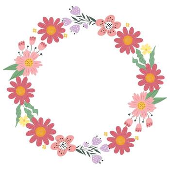 A lovely frame of flowers in a round shape. A simple botanical wreath for a greeting card and spring celebration. vector