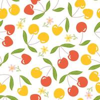 Cherry fruit seamless pattern with red and yellow cherry and green leaves. Berry background for food design and spring packaging. vector