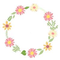 illustration of a floral wreath with colorful flowers and green leaves. Botanical frame design for spring and summer greeting card. vector