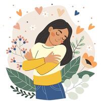 Teenage girl hugging herself with closed eyes surrounded by flowers and hearts. Self love and body positivity concept for mental health and wellbeing. vector