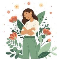 Woman hugging herself surrounded by green leaves, illustration of self-love and mental health concept. vector