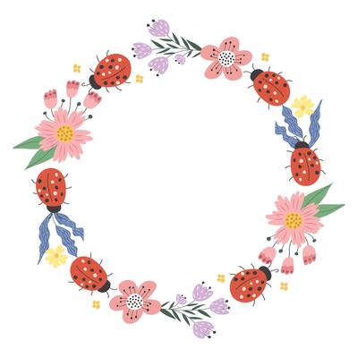 round frame with spring flowers and ladybugs. Cute garden insect illustration for greeting card design or wedding invitation border.