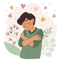 Teenage boy hugging himself, showing self-love and concern for mental health and body positivity. Happy person hugging for warmth. vector