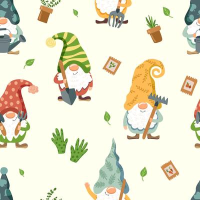 Adorable garden gnomes with gardening tools seamless pattern. Happy spring planting and whimsical home decor illustration.
