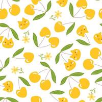 Seamless pattern with yellow cherry fruit in a flat cartoon style. Cute cat cherry fruit and green leaf on white background for wrapping paper. vector