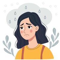 Woman with rain cloud above her head. Depression and sadness concept for psychology blog, mental health articles and melancholy and mindfulness illustrations. vector