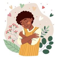 Dark-skinned teenage boy hugging himself with closed eyes, surrounded by floating hearts and green plants. Self-love and body positivity concept illustration. vector