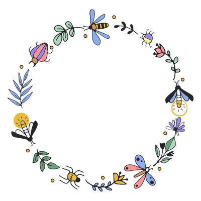 Hand drawn round floral frame with insect and leaf. Cute line art wreath. Element for greeting card.