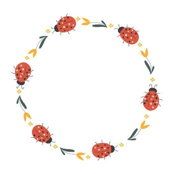 Round decorative frame with ladybug and flower ornaments. Cute border element for greeting card design and summer decoration. vector