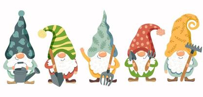 Five garden gnomes with tools. Cute little fairytale characters with beards and pointy hats. Sweet illustrations for spring, summer. vector