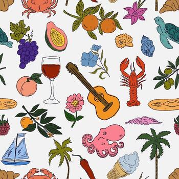 sin costura modelo con varios elementos, incluso un guitarra, cangrejo, y vino vector