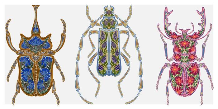tres. diferente escarabajos con diferente diseños vector