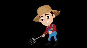 Cartoon farmer with pitchfork looped and alpha video
