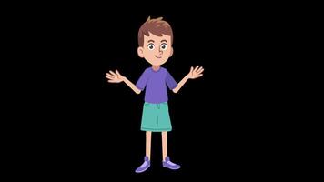 Cartoon boy with hands outstretched on black background video