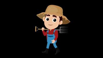 Cartoon farmer walking with pitchfork looped and alpha video