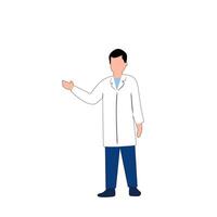 Flat illustration of a male doctor wearing a white coat and stethoscope. Medical professional character for health apps, infographics, or education vector