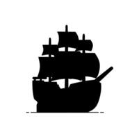 Black silhouette of an ancient sailing ship with multiple sails. Perfect graphic for logos, icons, pirate themes, and vintage nautical designs vector
