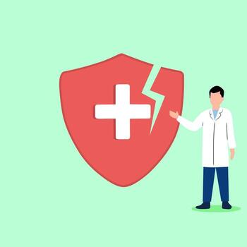 Flat illustration of a doctor pointing at a cracked red shield with a medical cross. Symbolizing weak health protection, medical failure, or vulnerability vector