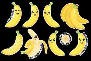 Cute Banana Stickers with Funny Faces and Playful Text on Black Background vector