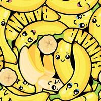 Seamless Banana Pattern with Cute Faces and Funny Text on Dark Background vector