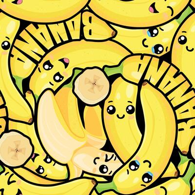 Seamless Banana Pattern with Cute Faces and Funny Text on Dark Background