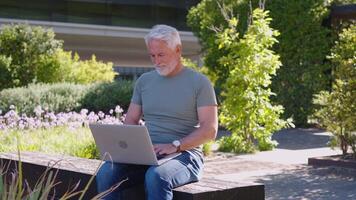 Senior businessman using laptop while sitting on bench in park video