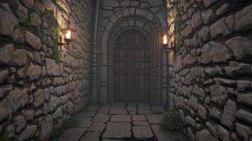 Torches casting flickering light along a medieval stone corridor, leading toward a mysterious wooden door, evoke an atmosphere filled with suspense and intrigue video