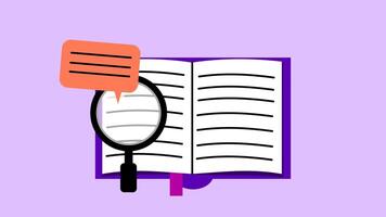 Animation of a book and a magnifying glass, representing reading and the learning process video