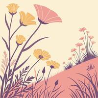 Spring Floral Meadow Illustration with Colorful Blooming Flowers and Natural Landscape Design vector