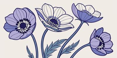 Elegant purple and white anemone flowers blooming with delicate leaves on a soft background vector