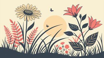 Tranquil Meadow Scene with Blooming Flowers Sun and Butterflies Peaceful Nature Illustration vector