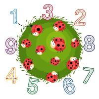 Kids game mathematic. Writing practice. Cute ladybugs. Tracing numbers. Logic lessons. Preschool exercise. Educational cards for children vector