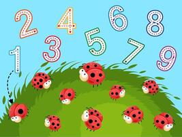 AdWriting practice. Kids game mathematic. Cute ladybugs. Tracing numbers. Logic lessons. Preschool exercise. Educational cards for children vector