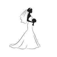 Bride in wedding dress holding bouquet silhouette isolated on white background vector