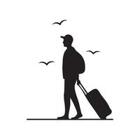 Silhouette of man with luggage and birds vector
