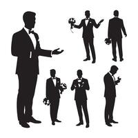 Groom silhouettes in tuxedos with bouquets isolated on white background silhouette vector