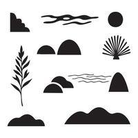 A set of black and white icons depicting various types of plants and animals vector
