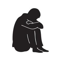 Sad person embracing knees silhouette isolated on white background vector