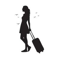Silhouette of a woman with a suitcase and birds flying around her vector