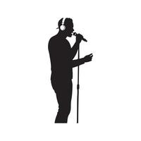 Silhouette of a man with headphones singing into a microphone vector