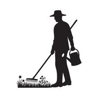 Silhouette of a man with a rake and watering can vector