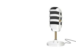 Podcast Vintage Microphone radio logo design. 3D silver microphone on golden and white stand. Vintage studio and concert equipment. Podcasting symbol. vector