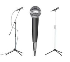 Three professional microphones on stands vector