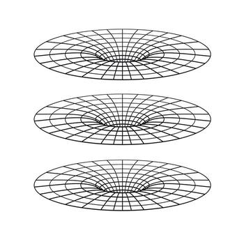 Abstract wireframe gravity wells in space-time grid illustration showing curvature distortion in black holes vector