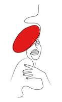 A stylish one-line drawing of a fashionable woman wearing a red beret and smiling. This minimalist illustration is perfect for fashion editorials, modern branding, lifestyle blogs, posters, etc. vector