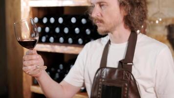 Authentic shot of successful male sommelier is tasting a flavor and checking white wine quality poured in transparent glass in a wine cellar. 44 video
