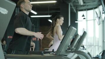 Man and woman doing fitness exercises in gym. Strength, endurance and training focus in modern fitness center 61 video