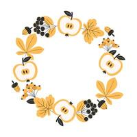 Autumn fall wreath or circular frame with leaves nuts apples fruits and berries in flat style for seasonal cards vector